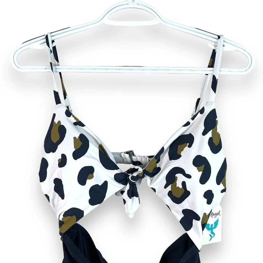 Sea Angel One Piece Swimsuit Womens L Black‎ Leopard Print Cutout Tie Front